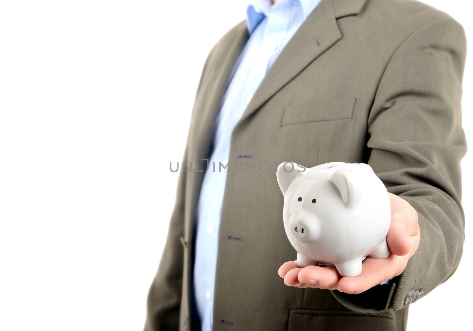 man in suit holding piggy bank isolated on white