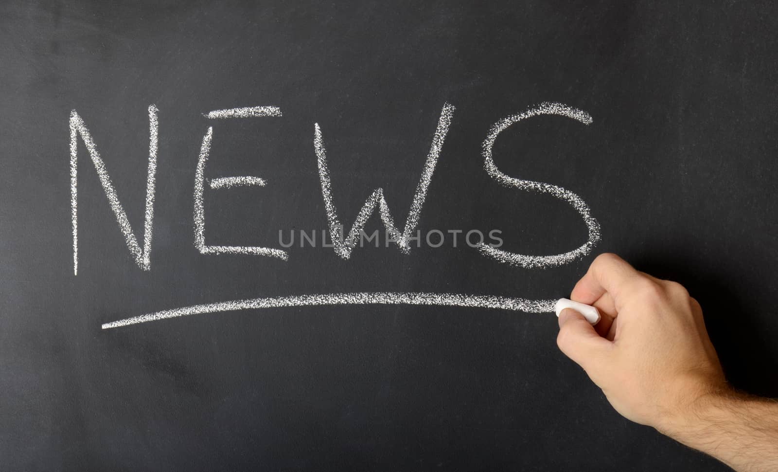 News concept on black blackboard with businessman hand 