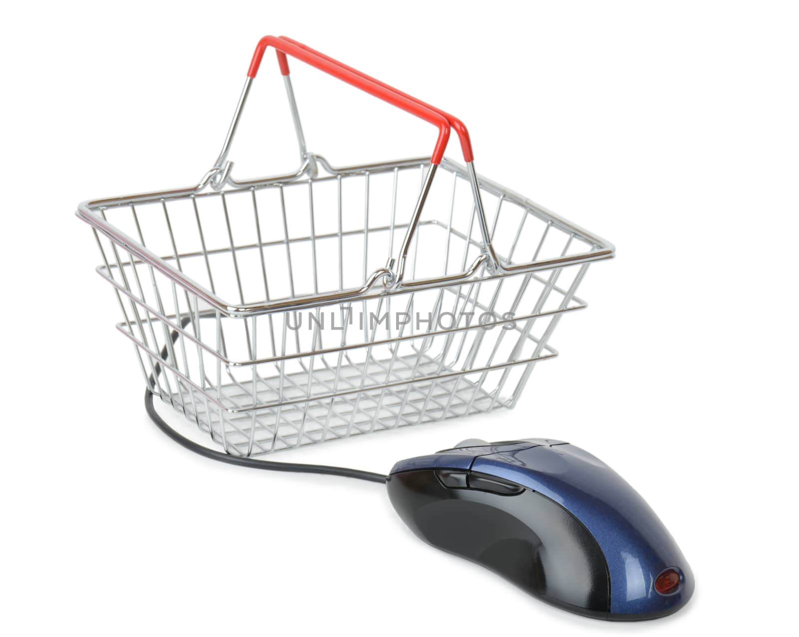 Shopping Cart with computer mouse isolated on white focus on the mouse