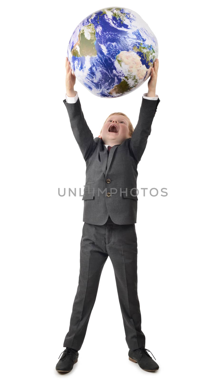 Boy in suit holding up world by hyrons