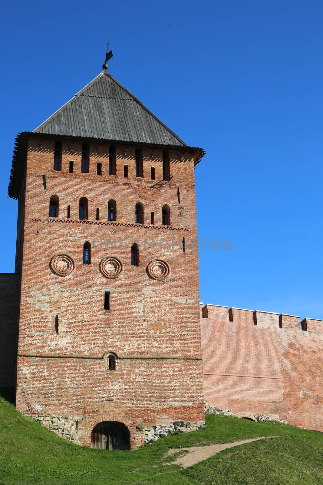 Towers of Veliky Novgorod Kremlin fortress at sunny summer day, Russia