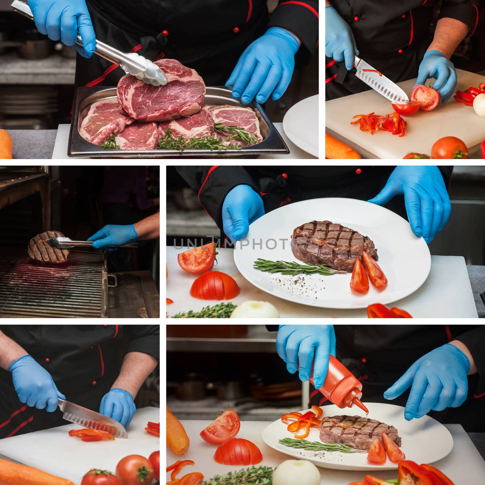 Set photos of Chef preparing meat steak