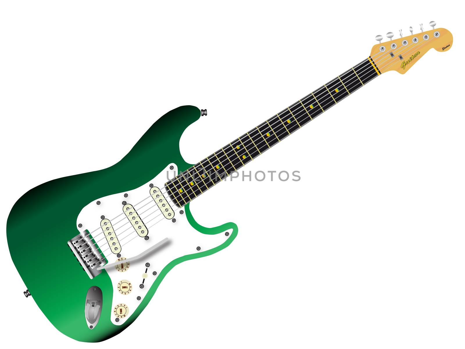 A traditional solid body electric guitar in green isolated over white.