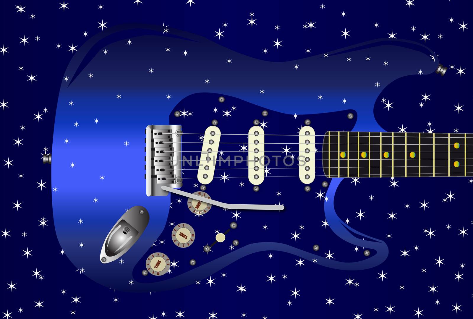 A blue star studded background with a series of small stars over a blue guitar.