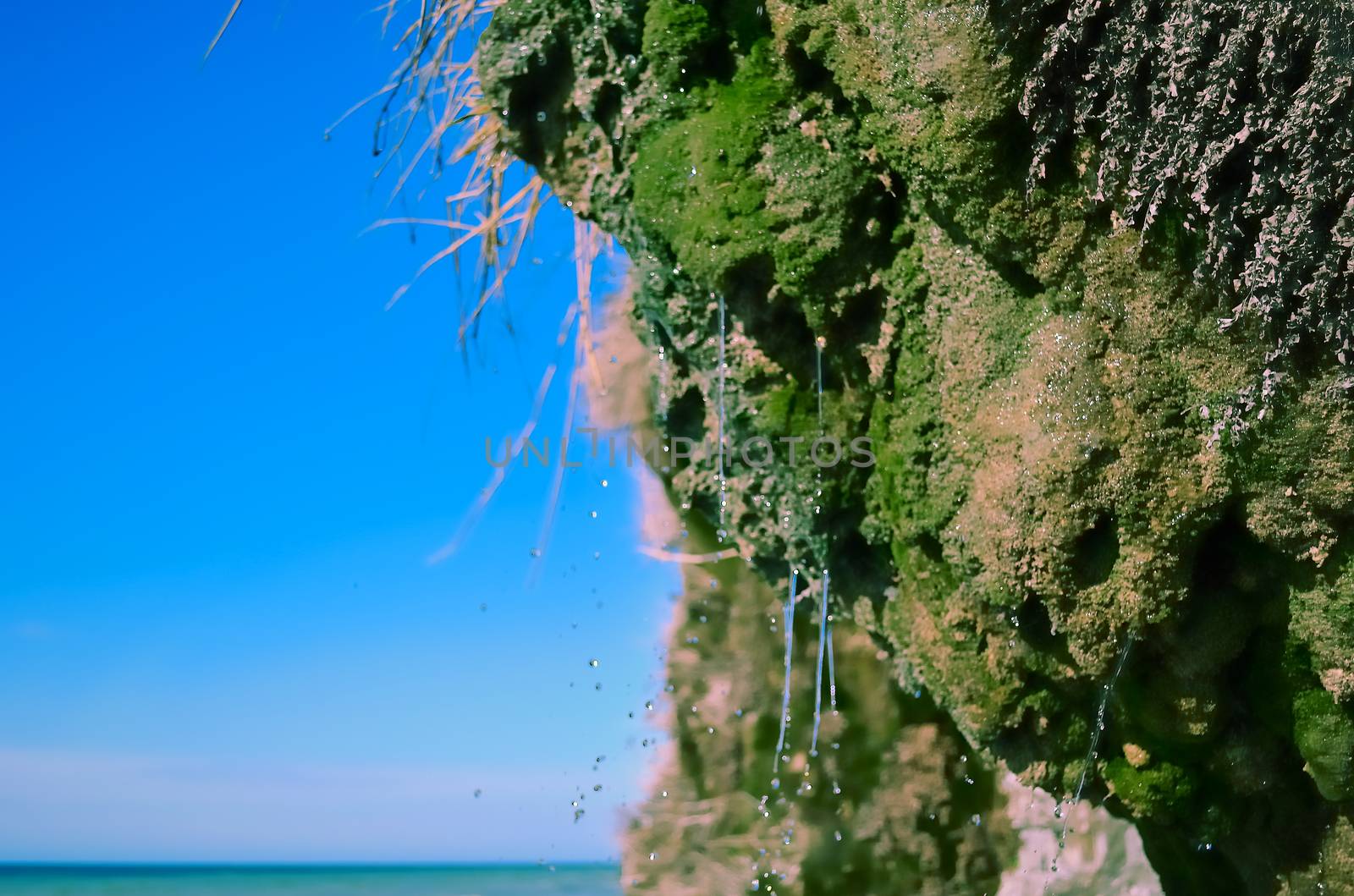 At the sea shore with moss-covered rocks flowing down water