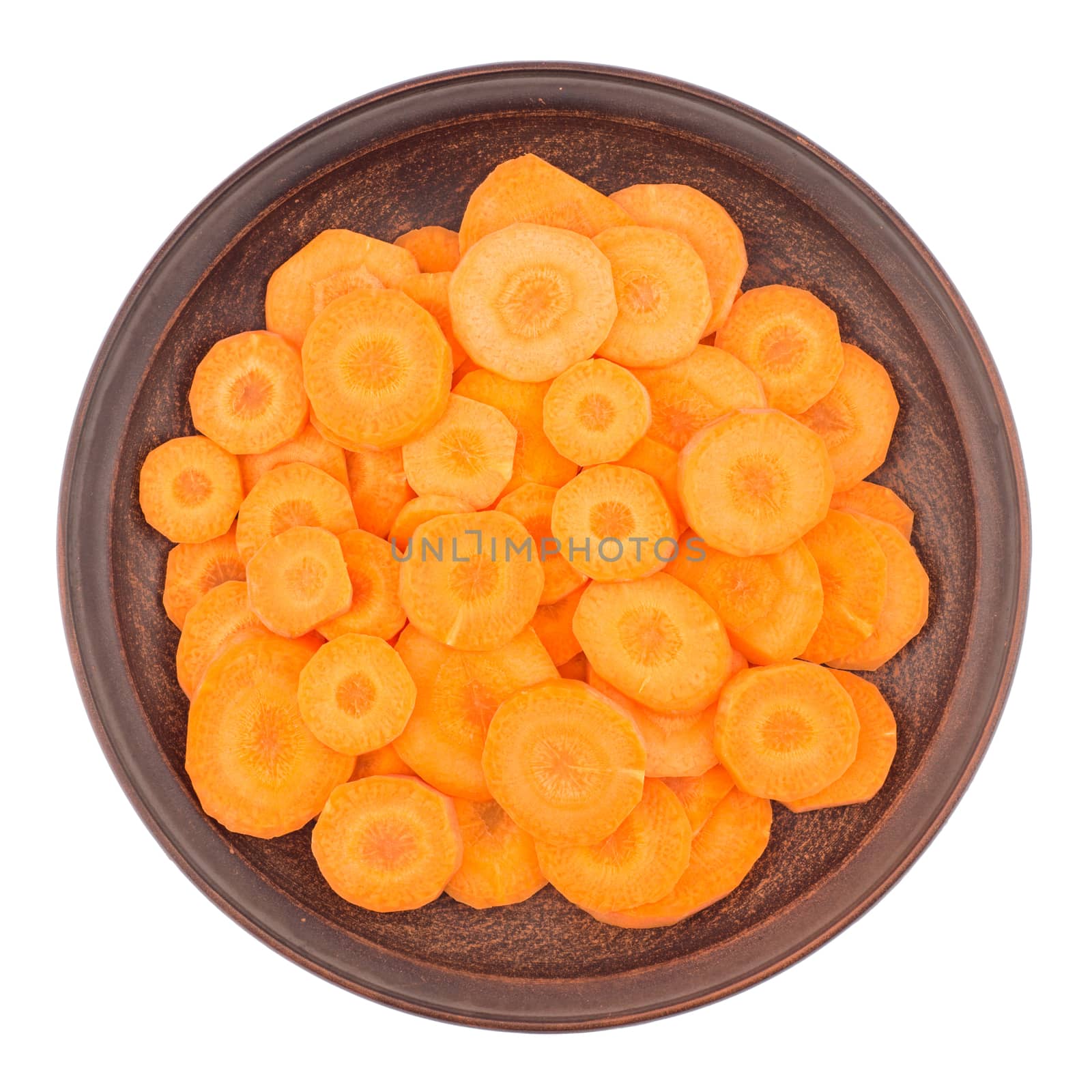 Sliced carrots isolated on white background. Top view.