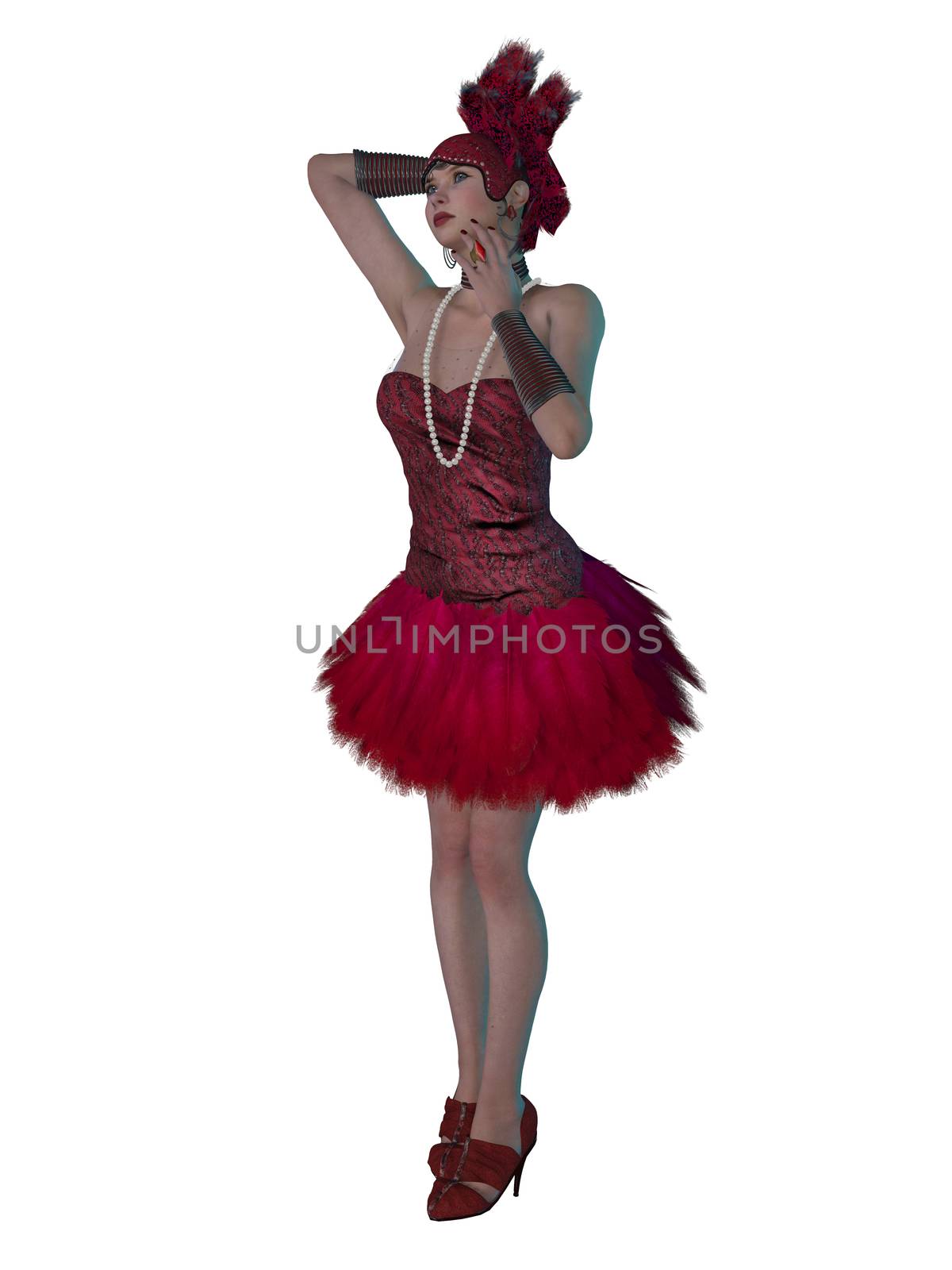 A girl in a red feathered dress as a flapper of the 1920's with pearl jewelry and matching hat.
