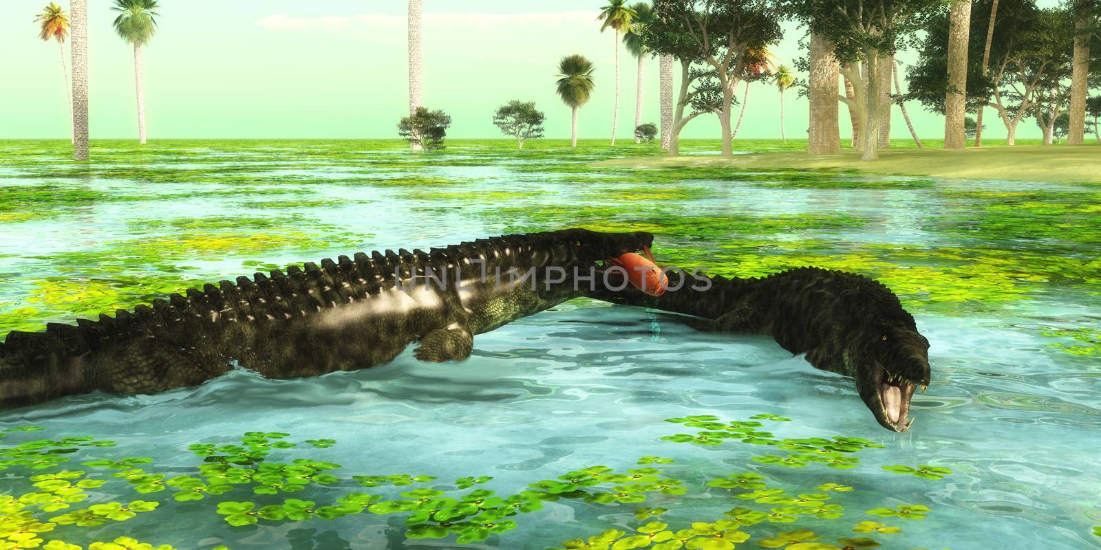 Uberabasuchus reptiles catch fish in a tropical region of Brazil in the Cretaceous Period.