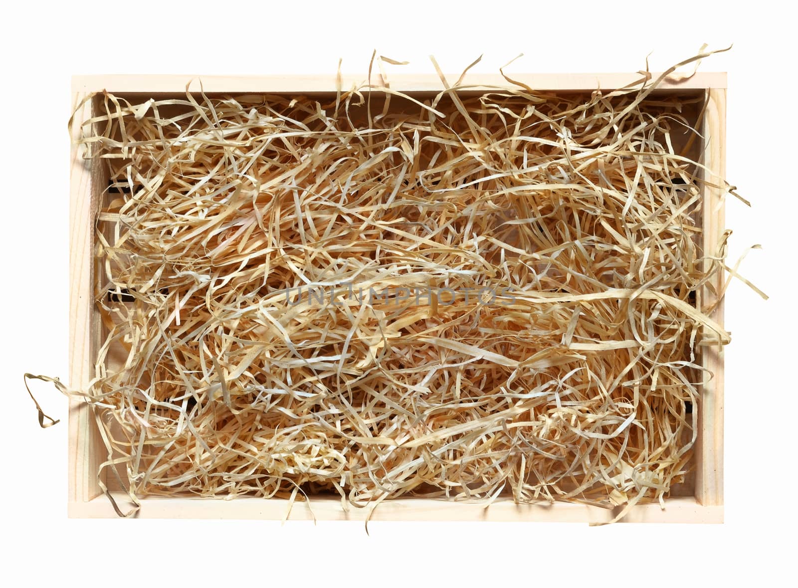 Wooden box with shavings. View from top. Wine empty packaging. Isolated with path on white.