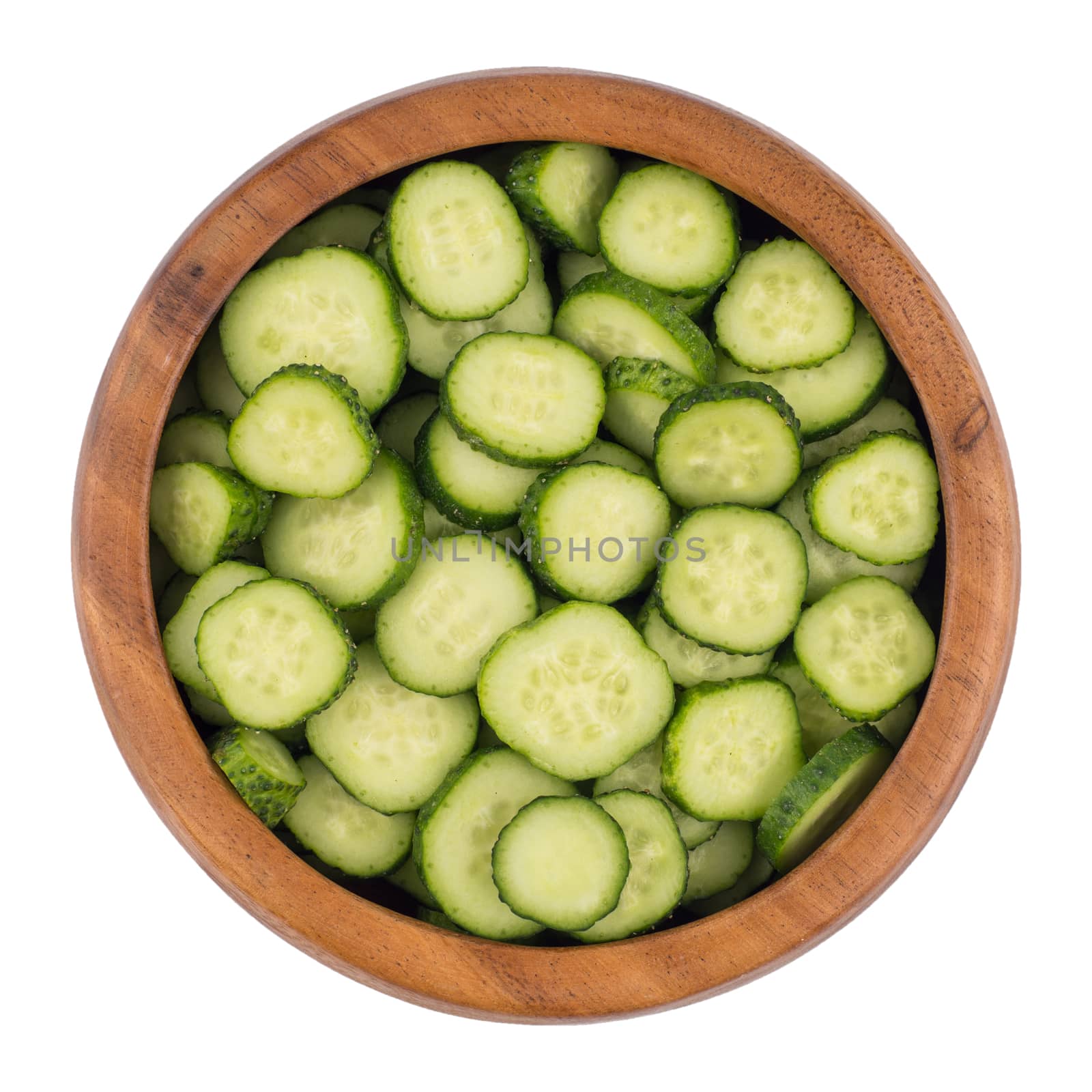 Top view Fresh slice cucumber in wood bowl on white background