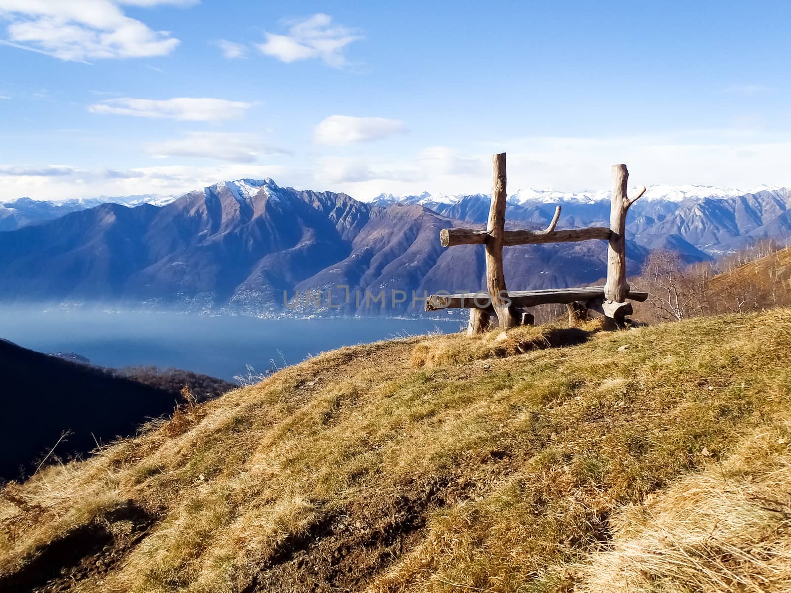 Gambarogno, Switzerland: Trail of Mount Gambarogno and views of the mountains and Lake Maggiore. bench craft with lake view