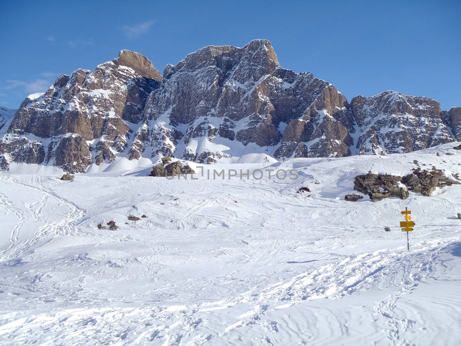 San Bernardino, Switzerland: Snowy winter landscape in step street closed for the cold season