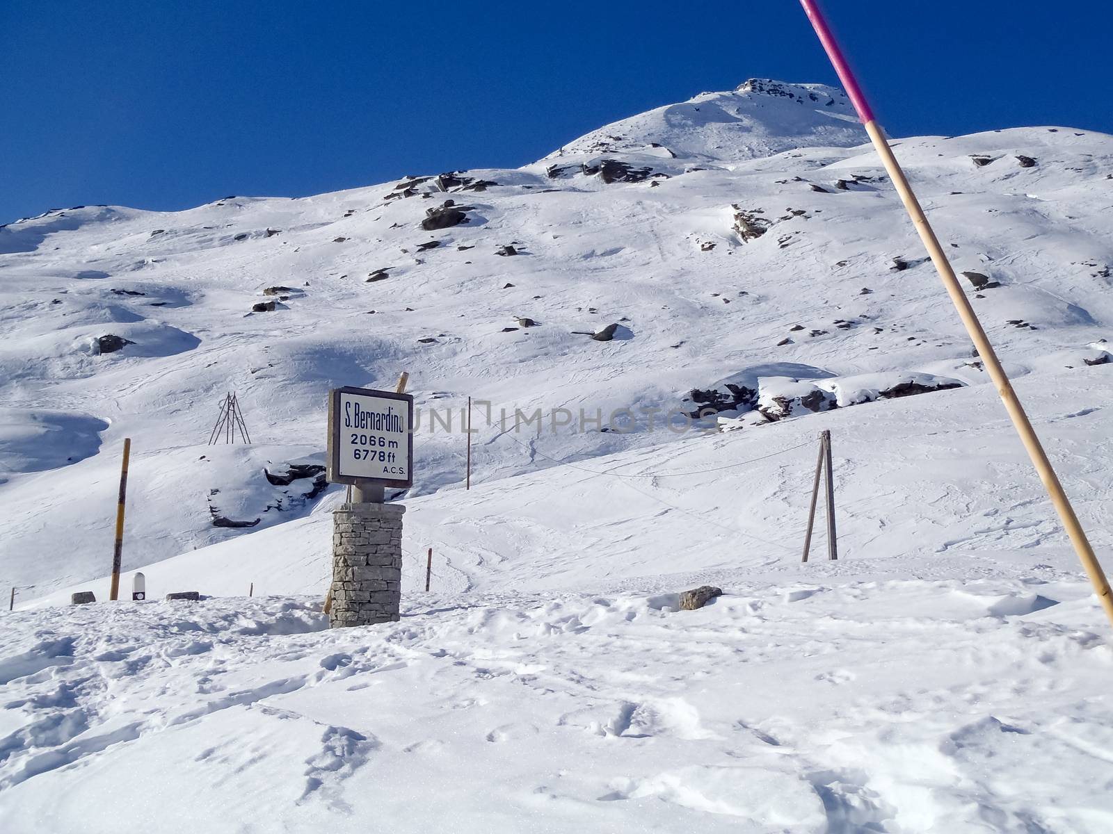 San Bernardino, Switzerland: Snowy winter landscape in step street closed for the cold season