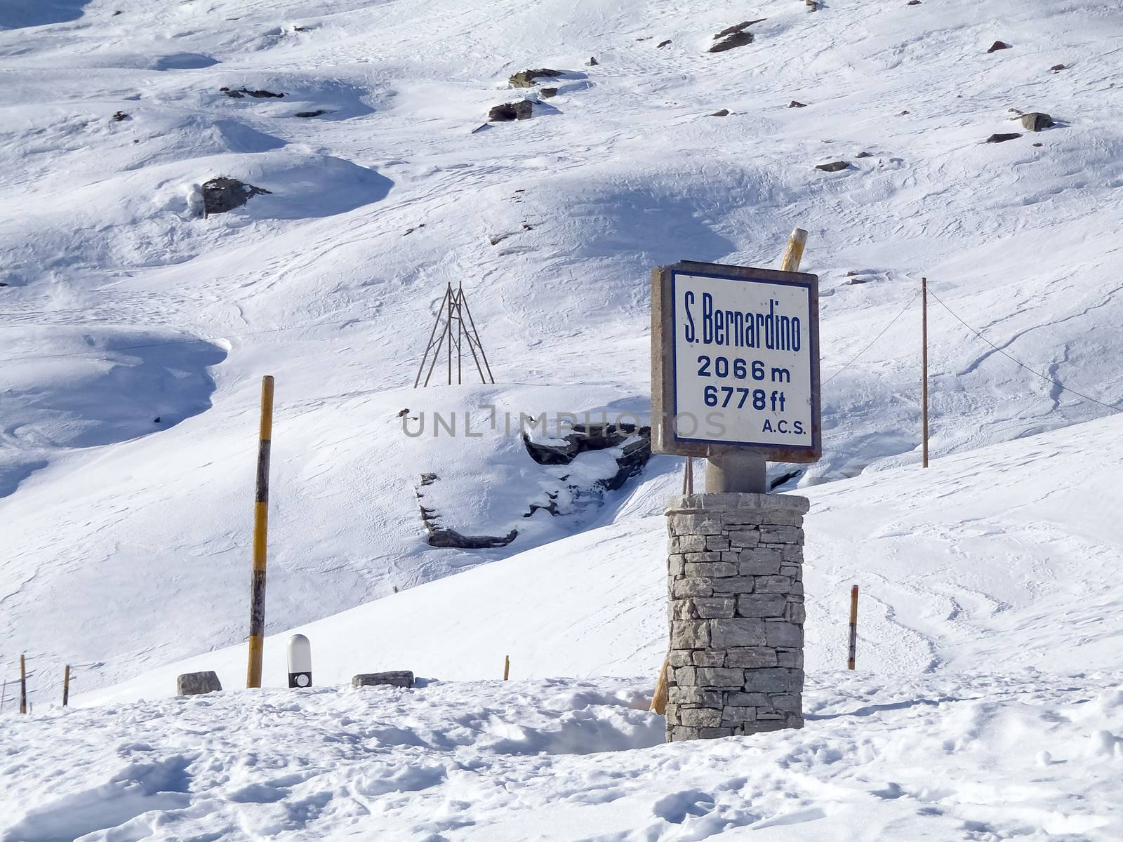 San Bernardino, Switzerland: Snowy winter landscape in step street closed for the cold season