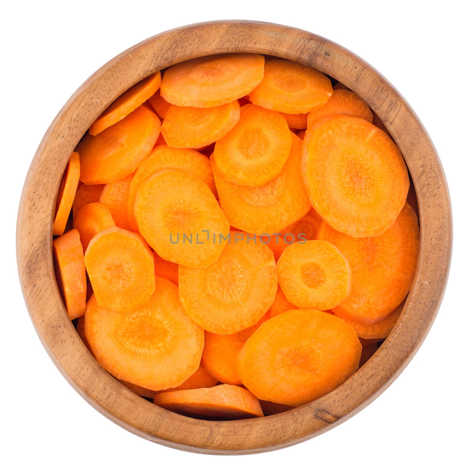 Sliced carrots isolated on white background. Top view.