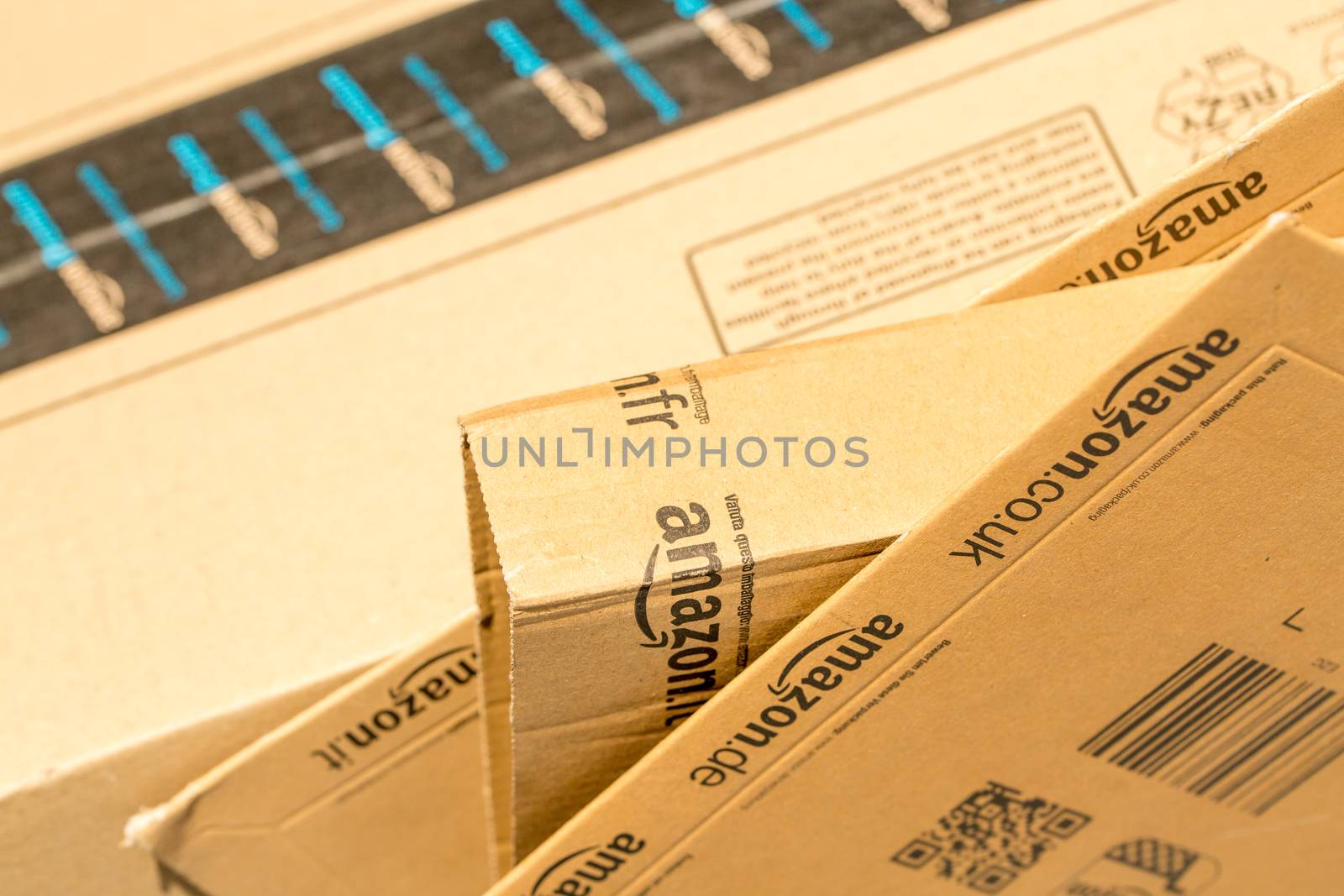 Paris, France - February 08, 2017: Amazon Prime Parcel Packages closeup. Amazon, is an American electronic commerce and cloud computing company,based in Seattle, Started as an online bookstore, Amazon is become the most importrant retailer in the United States