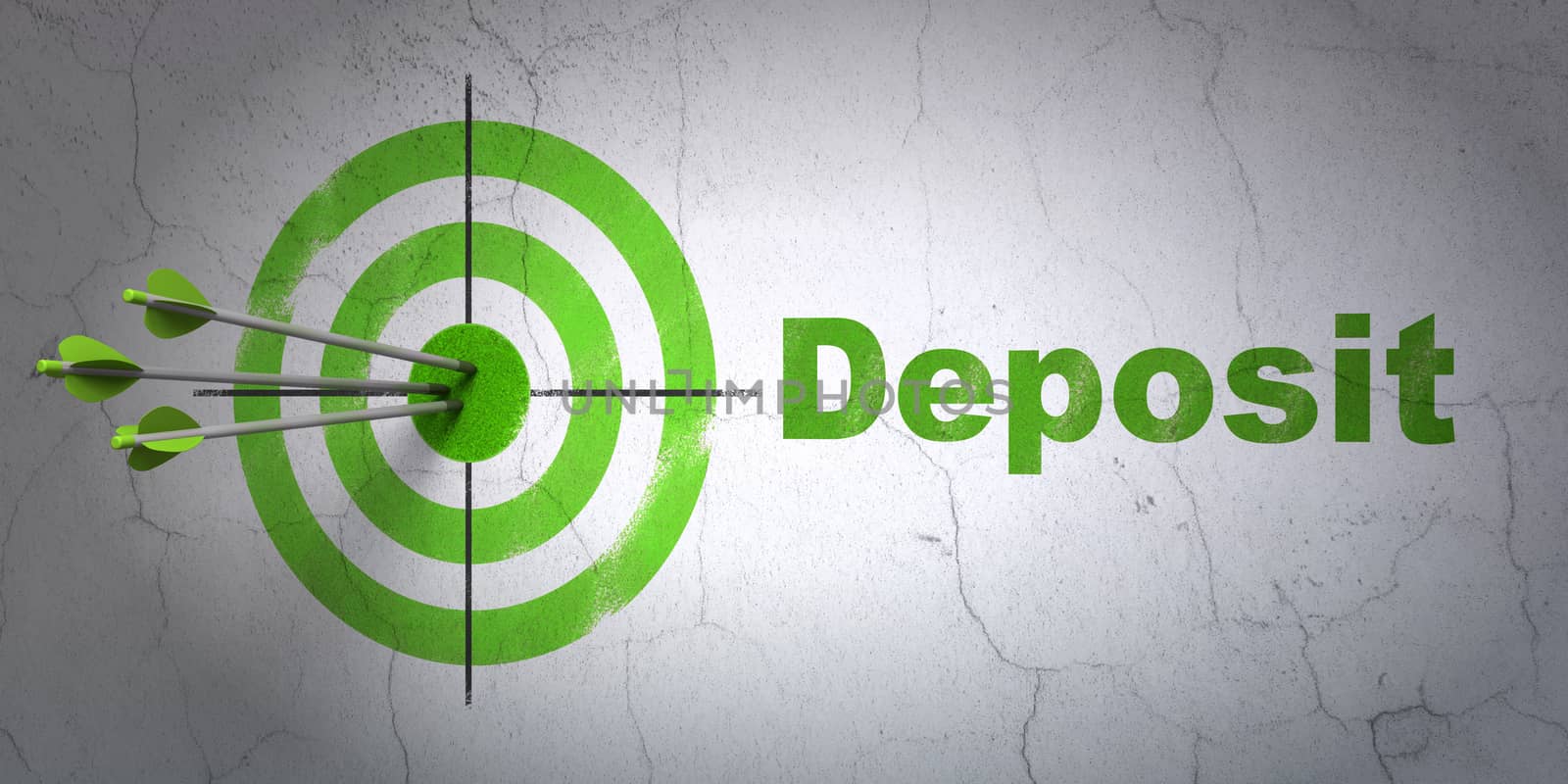 Success money concept: arrows hitting the center of target, Green Deposit on wall background, 3D rendering