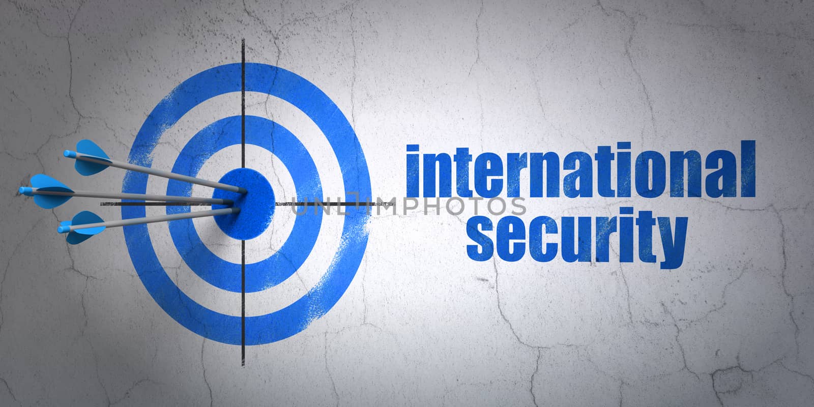 Success protection concept: arrows hitting the center of target, Blue International Security on wall background, 3D rendering