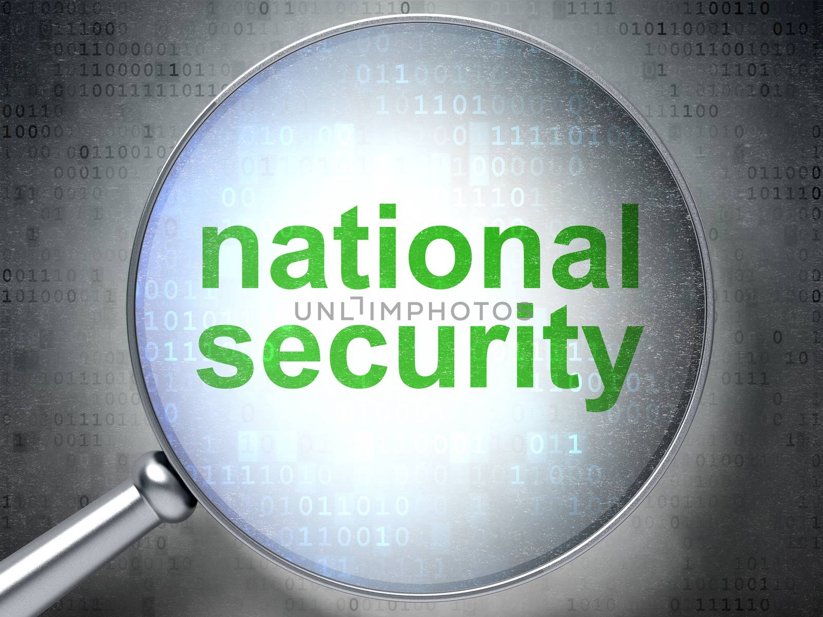 Safety concept: magnifying optical glass with words National Security on digital background, 3D rendering