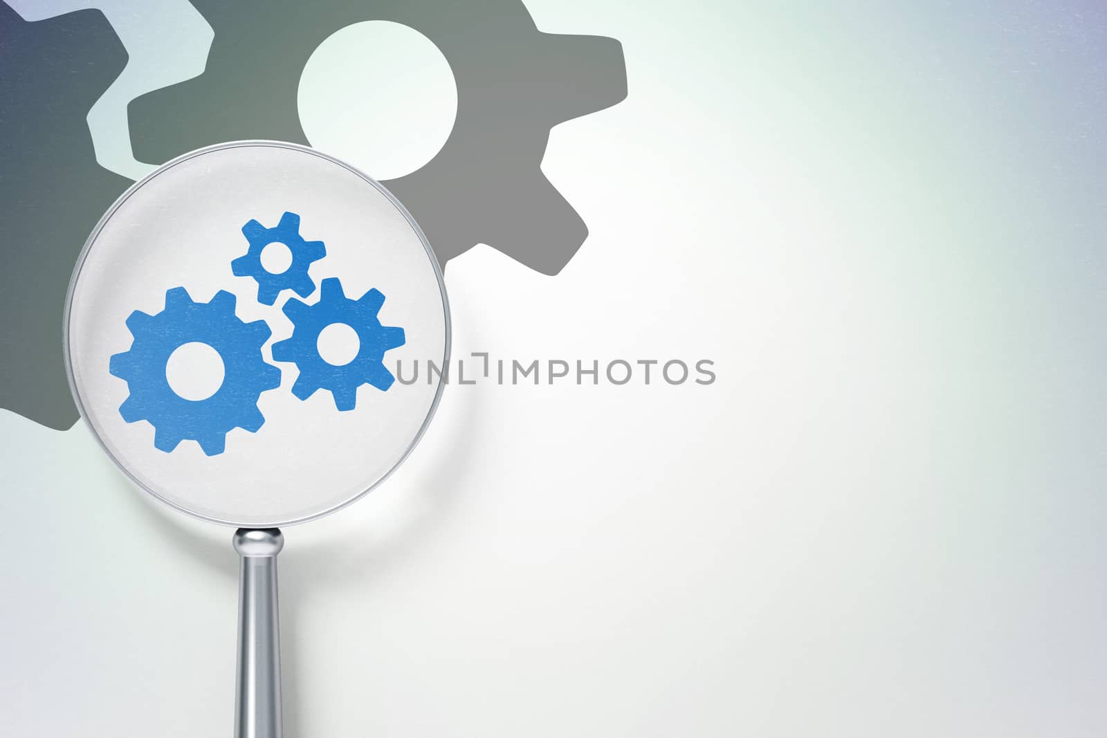 Finance concept: magnifying optical glass with Gears icon on digital background, empty copyspace for card, text, advertising, 3D rendering