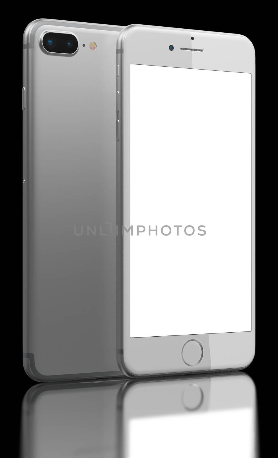 Silver SmartPhone Plus with dual photo camera on black background. Devices displaying blank screen. 