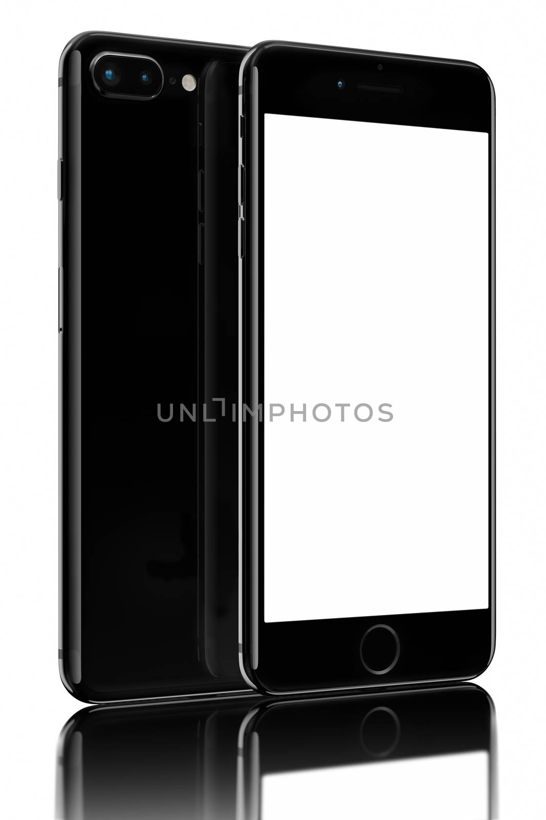 Jet Black SmartPhone Plus with dual photo camera on black background. Devices displaying blank screen.