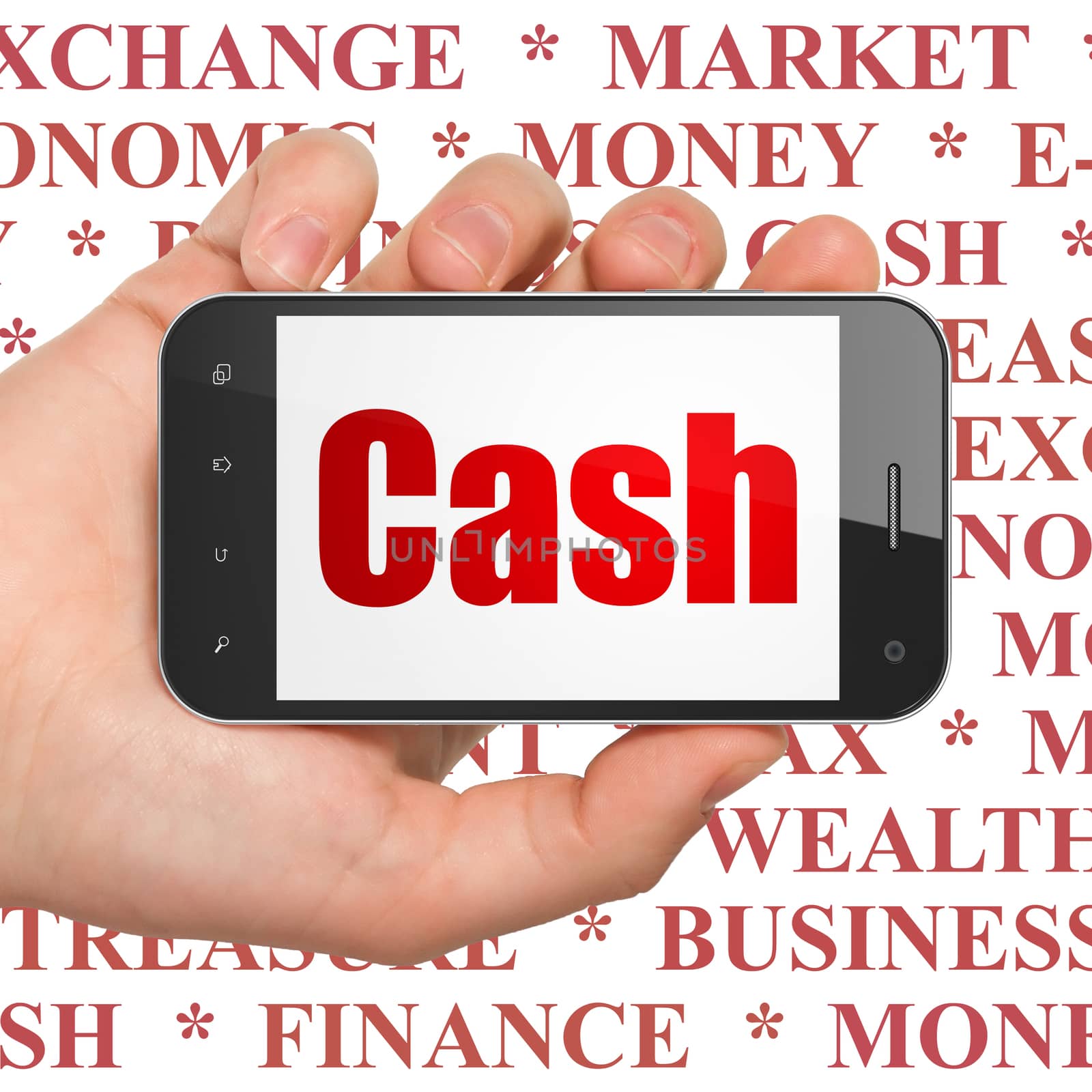 Money concept: Hand Holding Smartphone with  red text Cash on display,  Tag Cloud background, 3D rendering