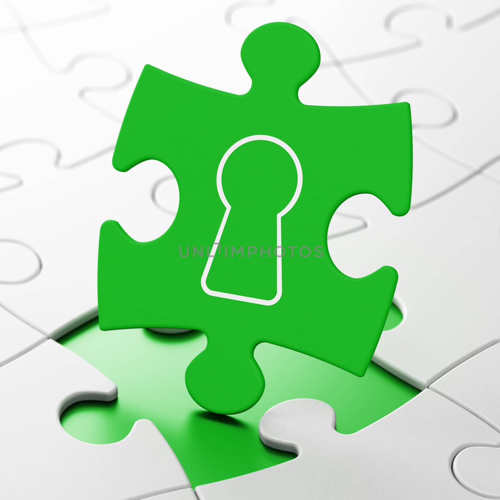 Privacy concept: Keyhole on Green puzzle pieces background, 3D rendering