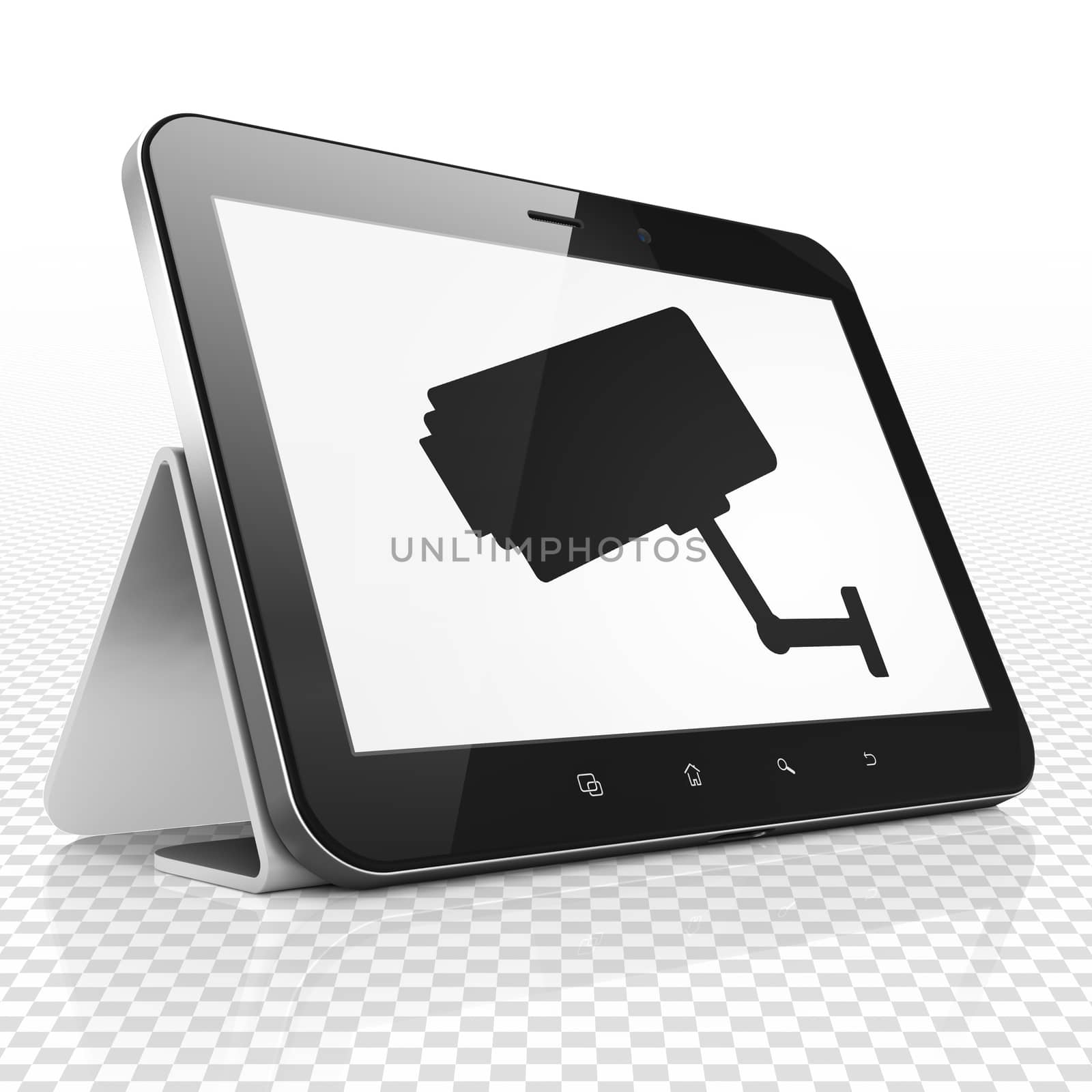 Security concept: Tablet Computer with black Cctv Camera icon on display, 3D rendering