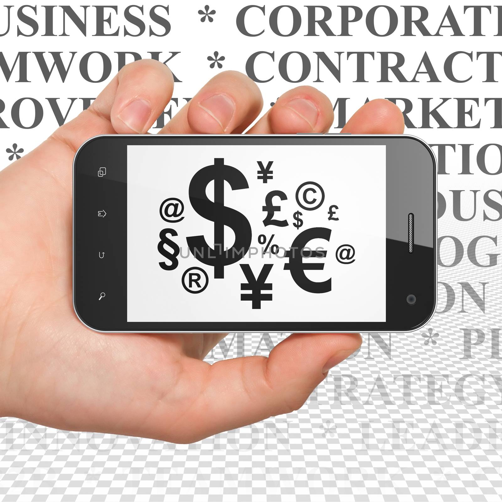 Business concept: Hand Holding Smartphone with  black Finance Symbol icon on display,  Tag Cloud background, 3D rendering