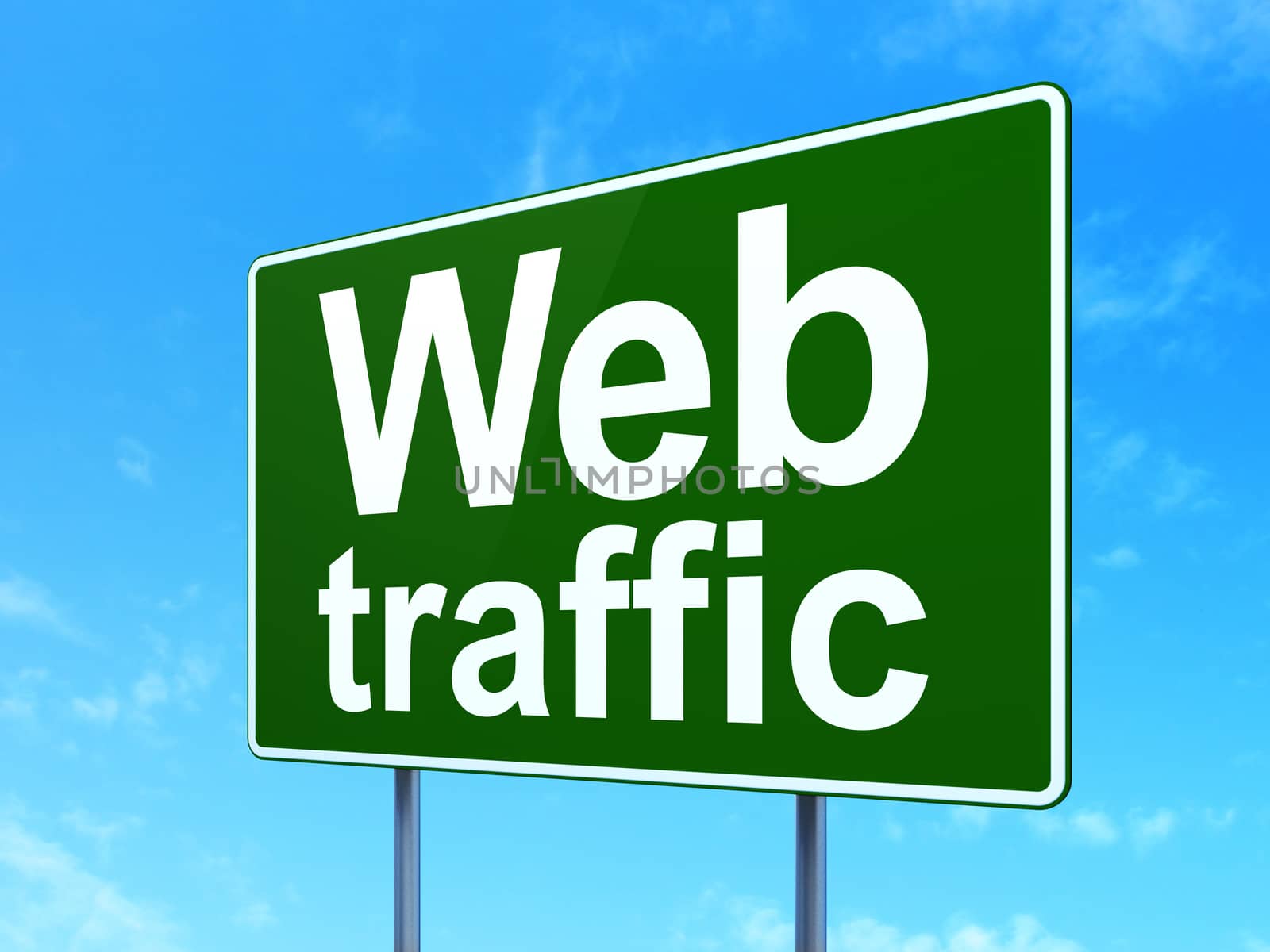 Web design concept: Web Traffic on green road highway sign, clear blue sky background, 3D rendering