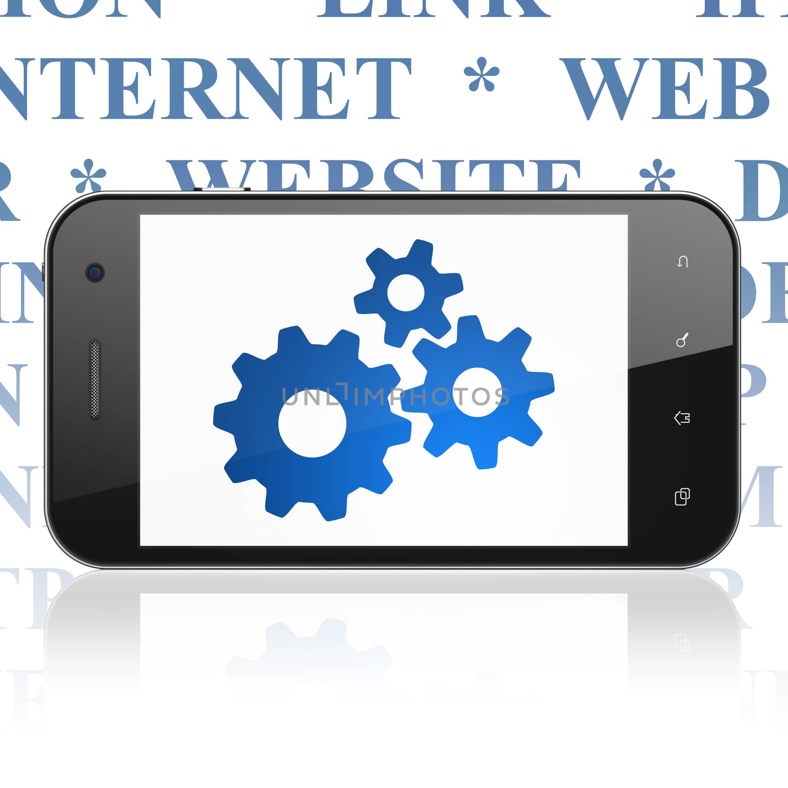 Web design concept: Smartphone with  blue Gears icon on display,  Tag Cloud background, 3D rendering