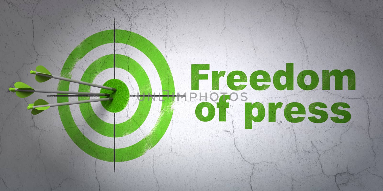 Success politics concept: arrows hitting the center of target, Green Freedom Of Press on wall background, 3D rendering