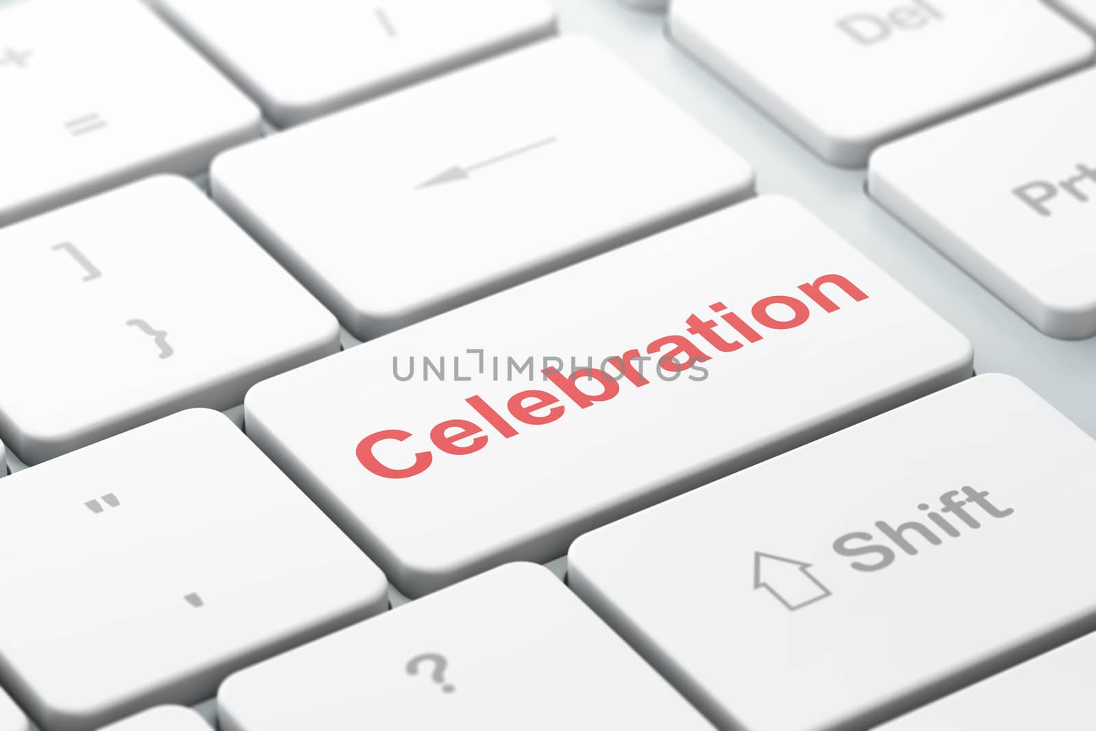Entertainment, concept: computer keyboard with word Celebration, selected focus on enter button background, 3D rendering