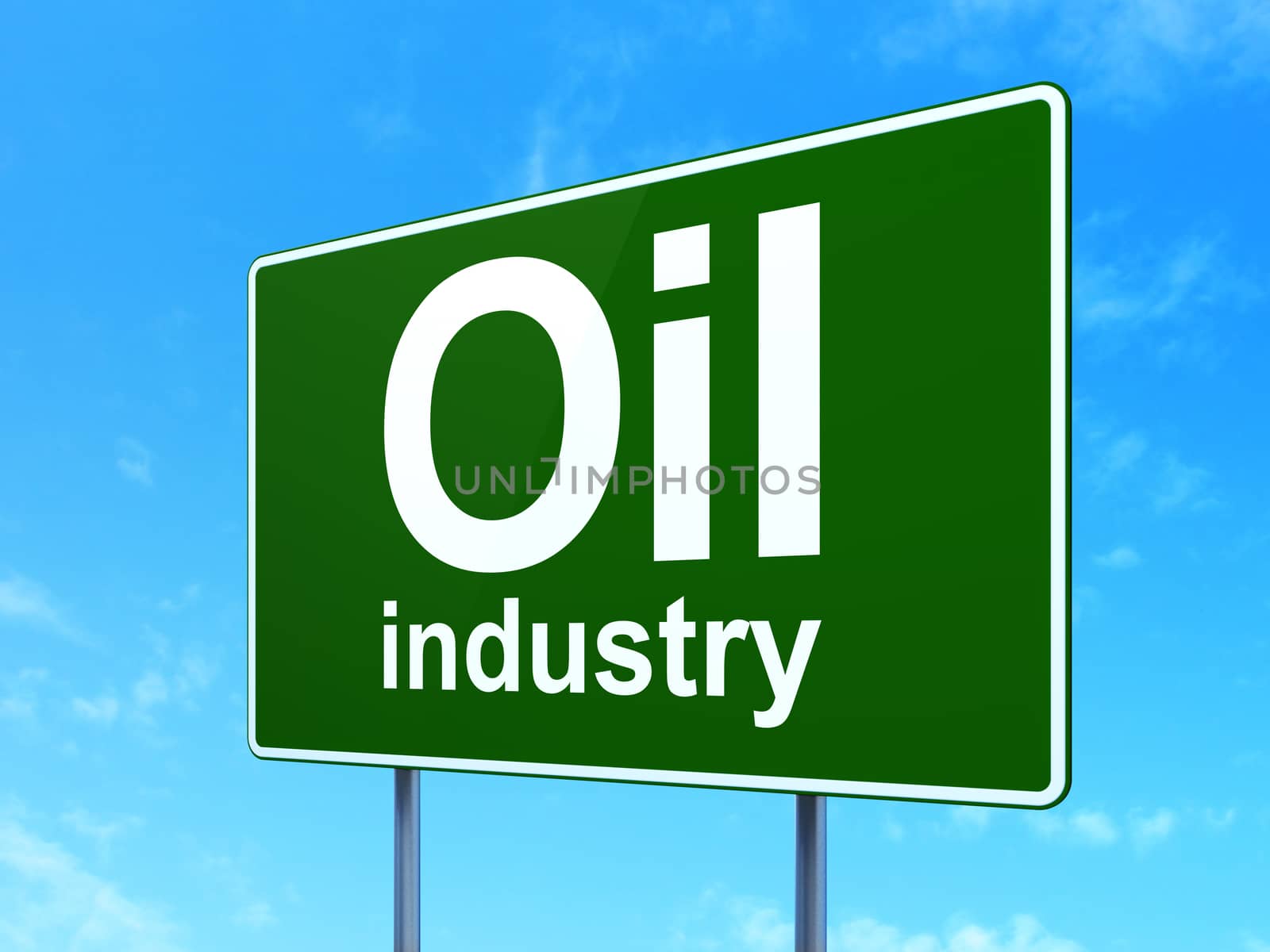 Manufacuring concept: Oil Industry on green road highway sign, clear blue sky background, 3D rendering