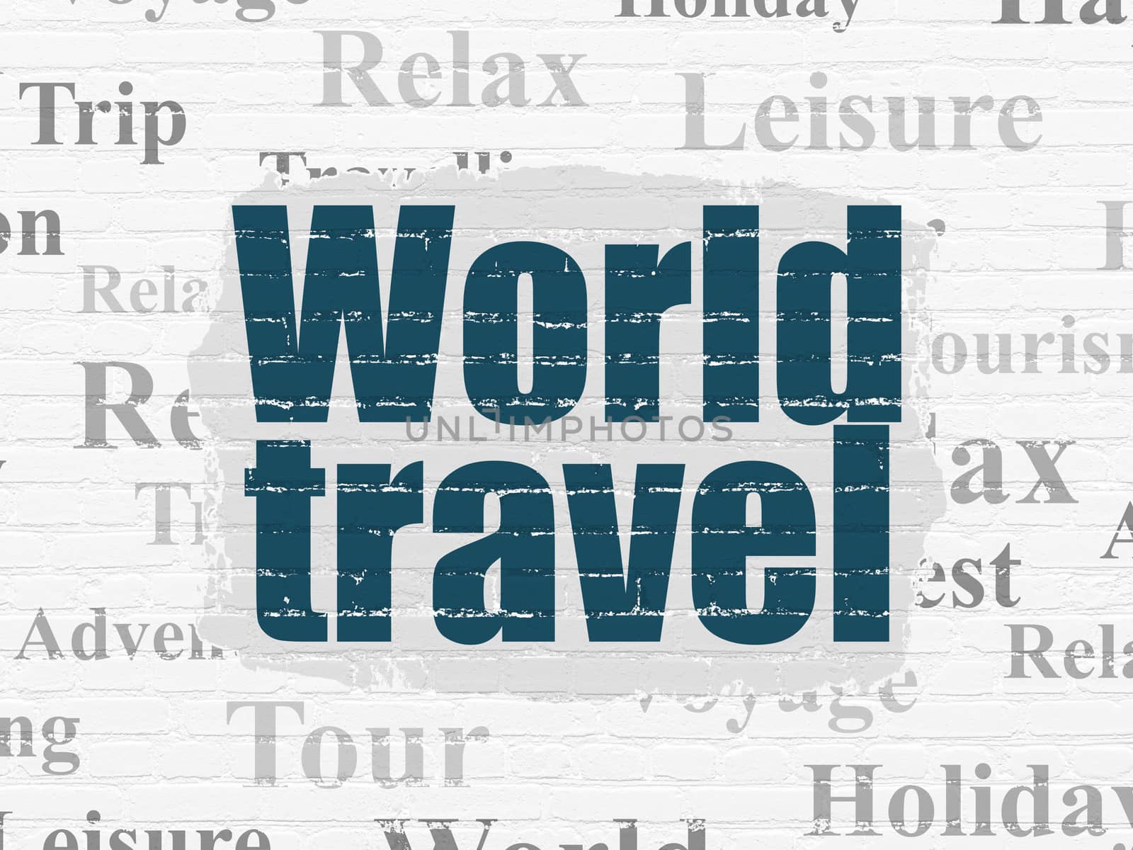 Tourism concept: Painted blue text World Travel on White Brick wall background with  Tag Cloud