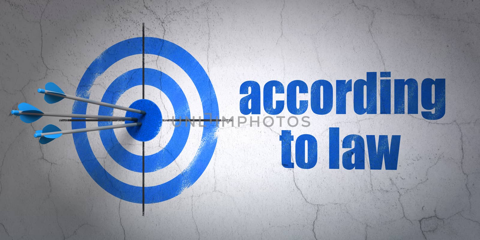 Success law concept: arrows hitting the center of target, Blue According To Law on wall background, 3D rendering