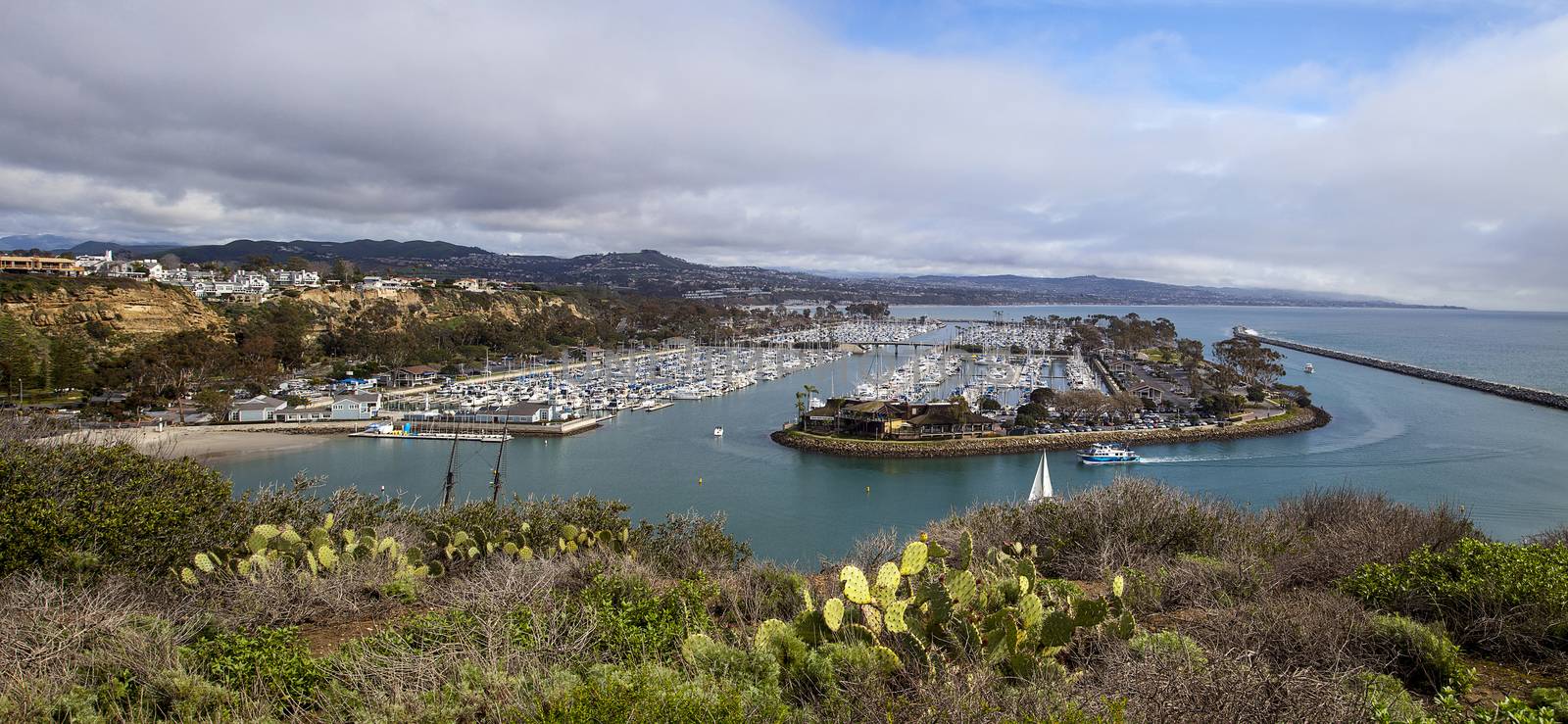 Dana Point Harbor from the hiking path above in Southern California, USA on a sunny day