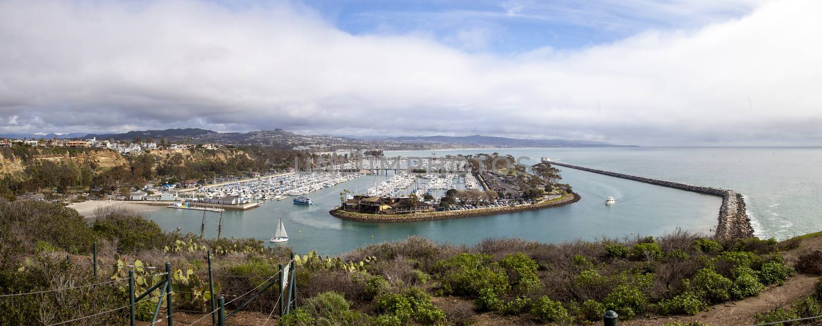 Dana Point Harbor from the hiking path above in Southern California, USA on a sunny day