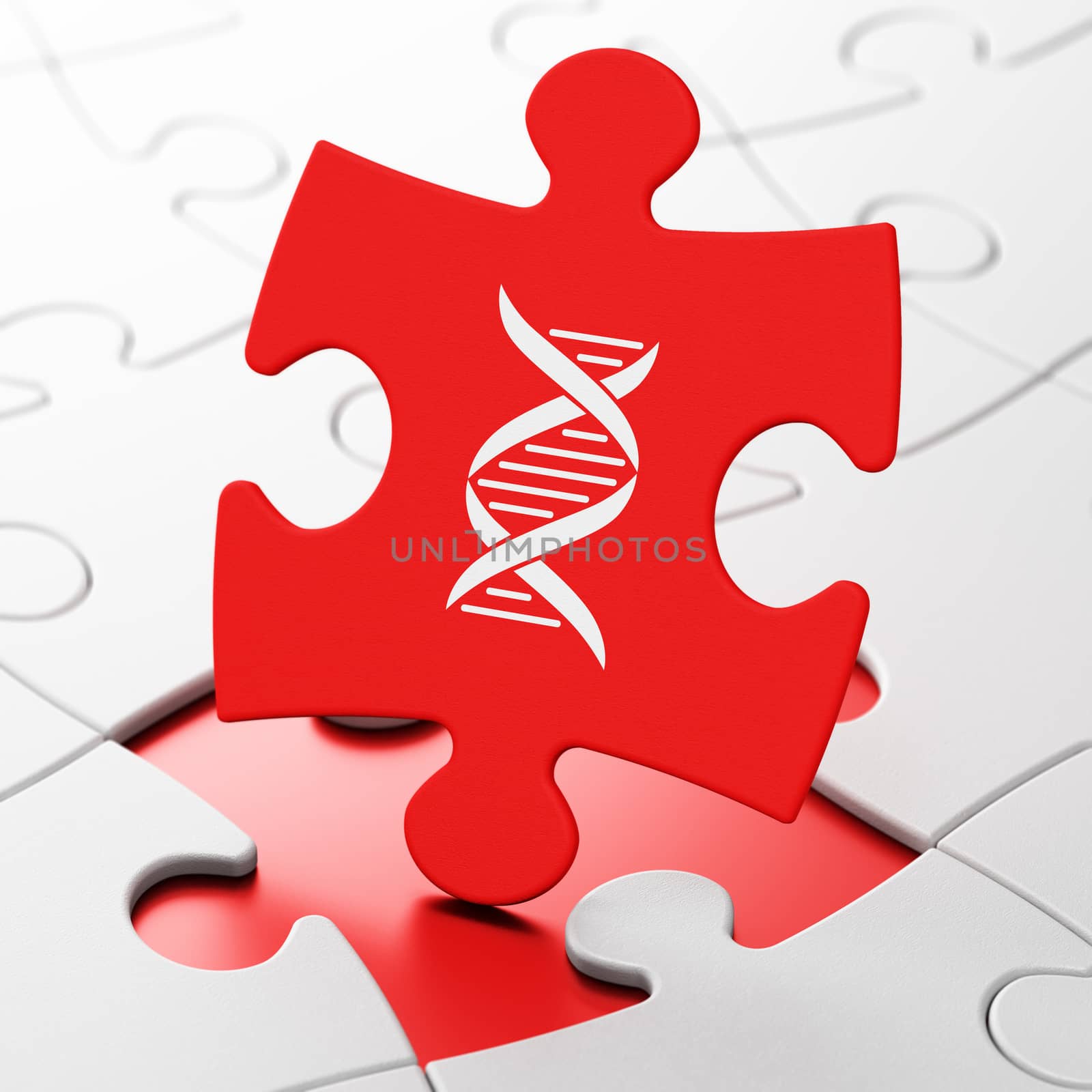 Science concept: DNA on Red puzzle pieces background, 3D rendering