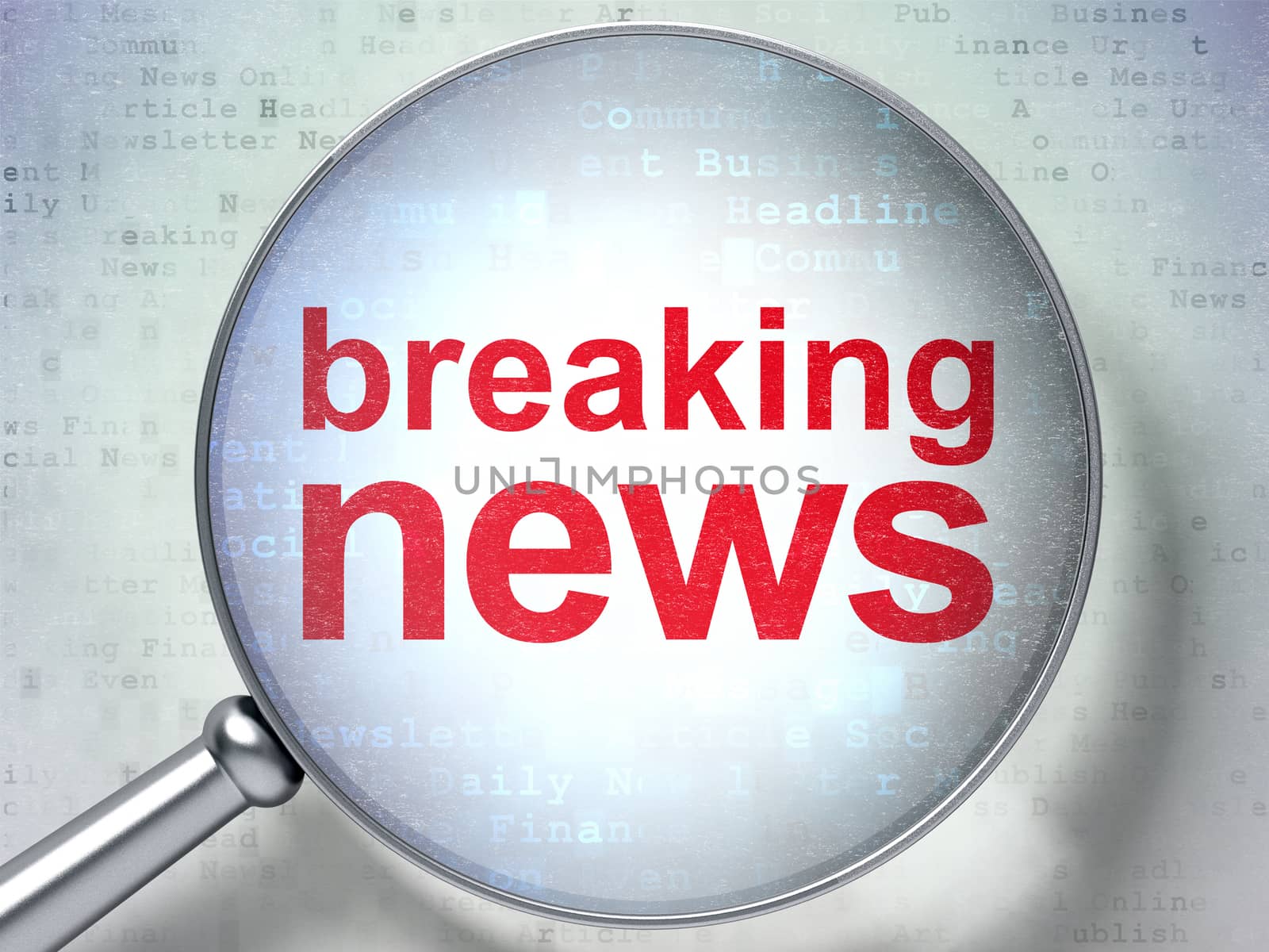 News concept: magnifying optical glass with words Breaking News on digital background, 3D rendering