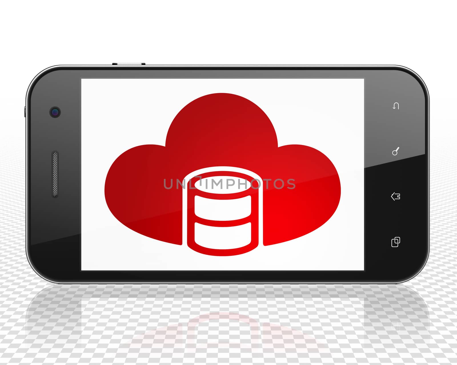 Cloud networking concept: Smartphone with red Database With Cloud icon on display, 3D rendering