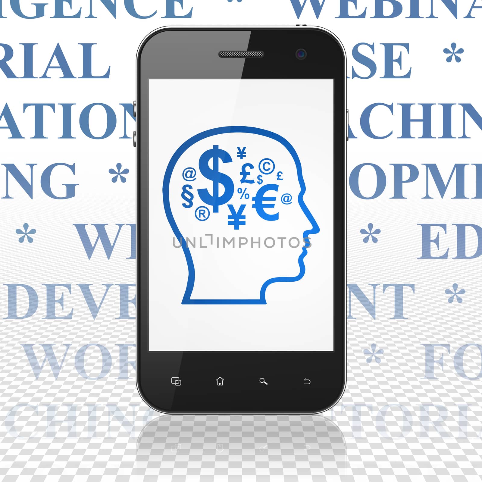 Education concept: Smartphone with Head With Finance Symbol on display by maxkabakov