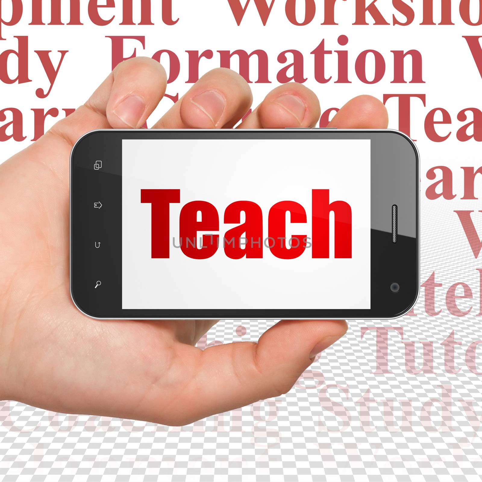 Learning concept: Hand Holding Smartphone with Teach on display by maxkabakov