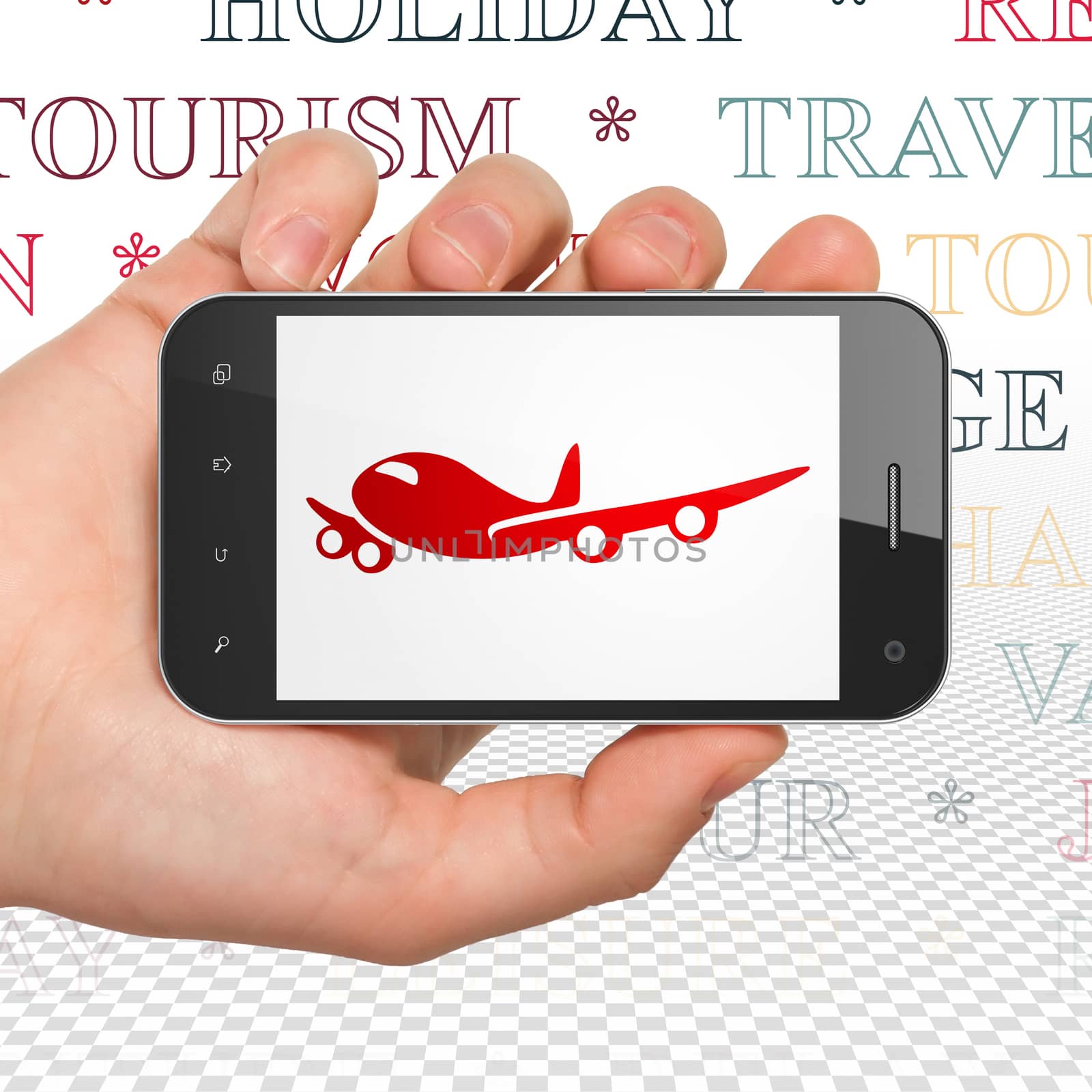 Tourism concept: Hand Holding Smartphone with  red Airplane icon on display,  Tag Cloud background, 3D rendering