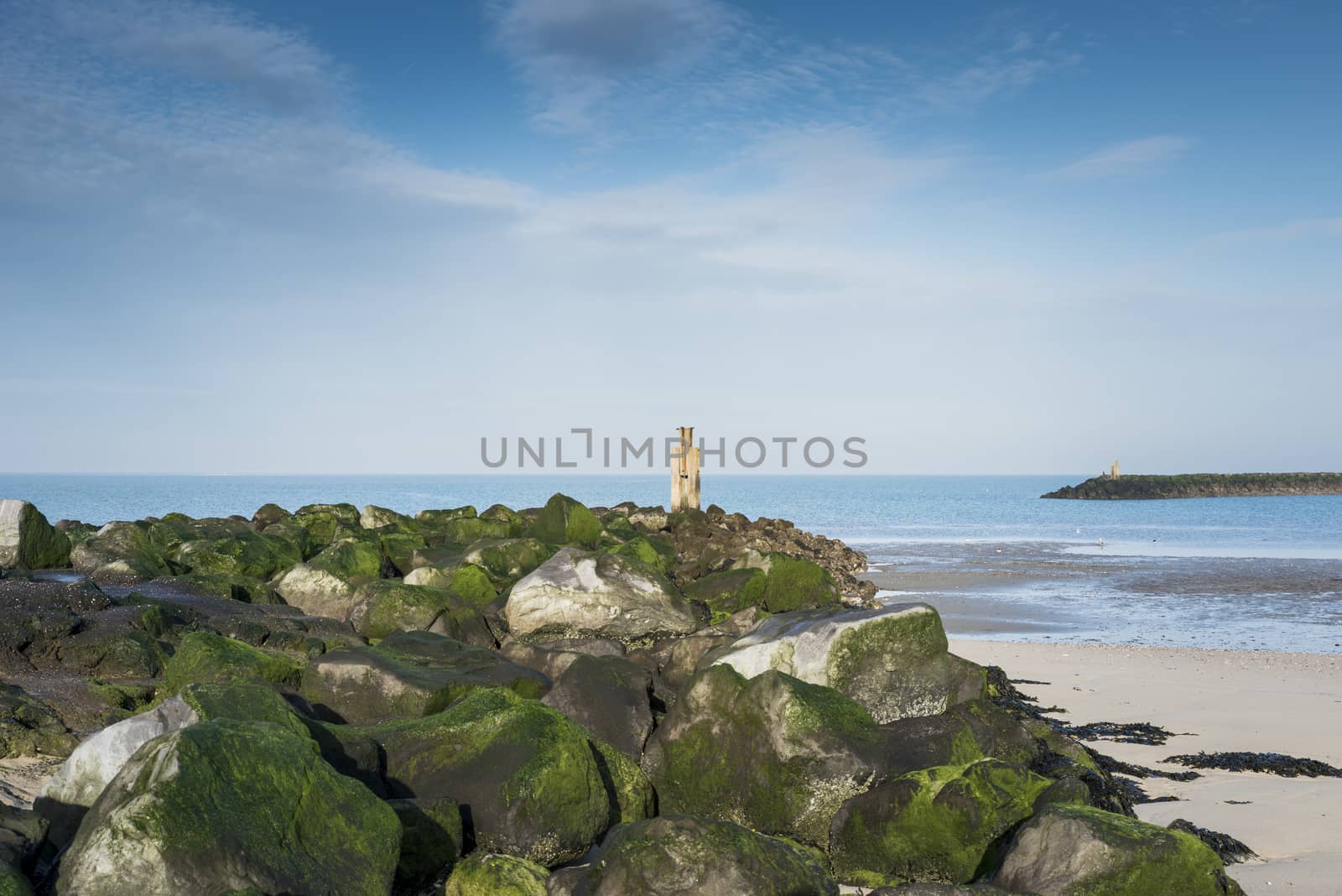 blue sky and rocks on the beach near the sea
