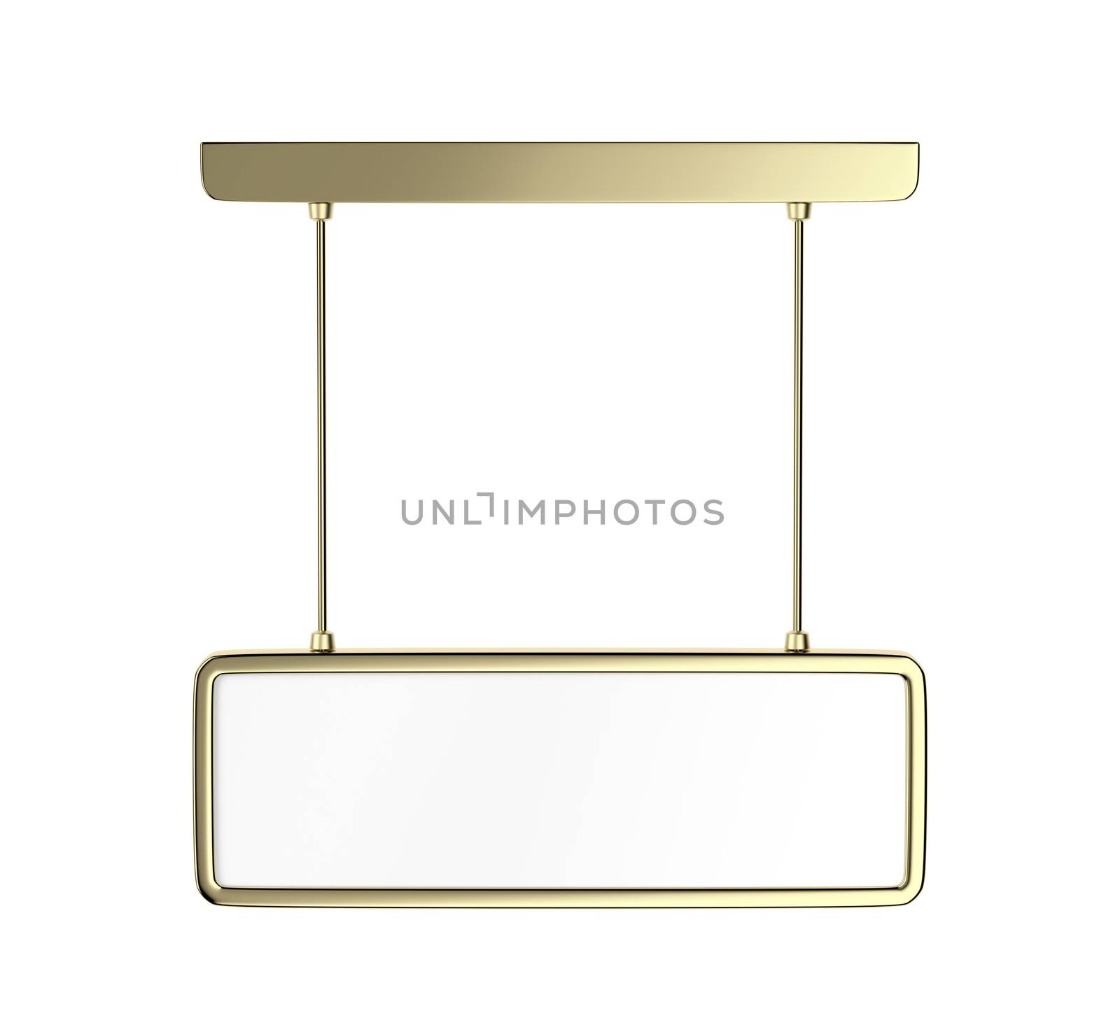 Blank hanged golden panel for ads, signs or other information, isolated on white background