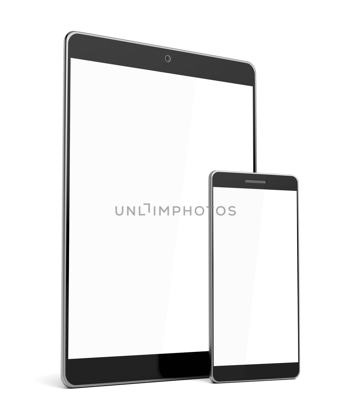 Smartphone and tablet computer with blank screens on white background