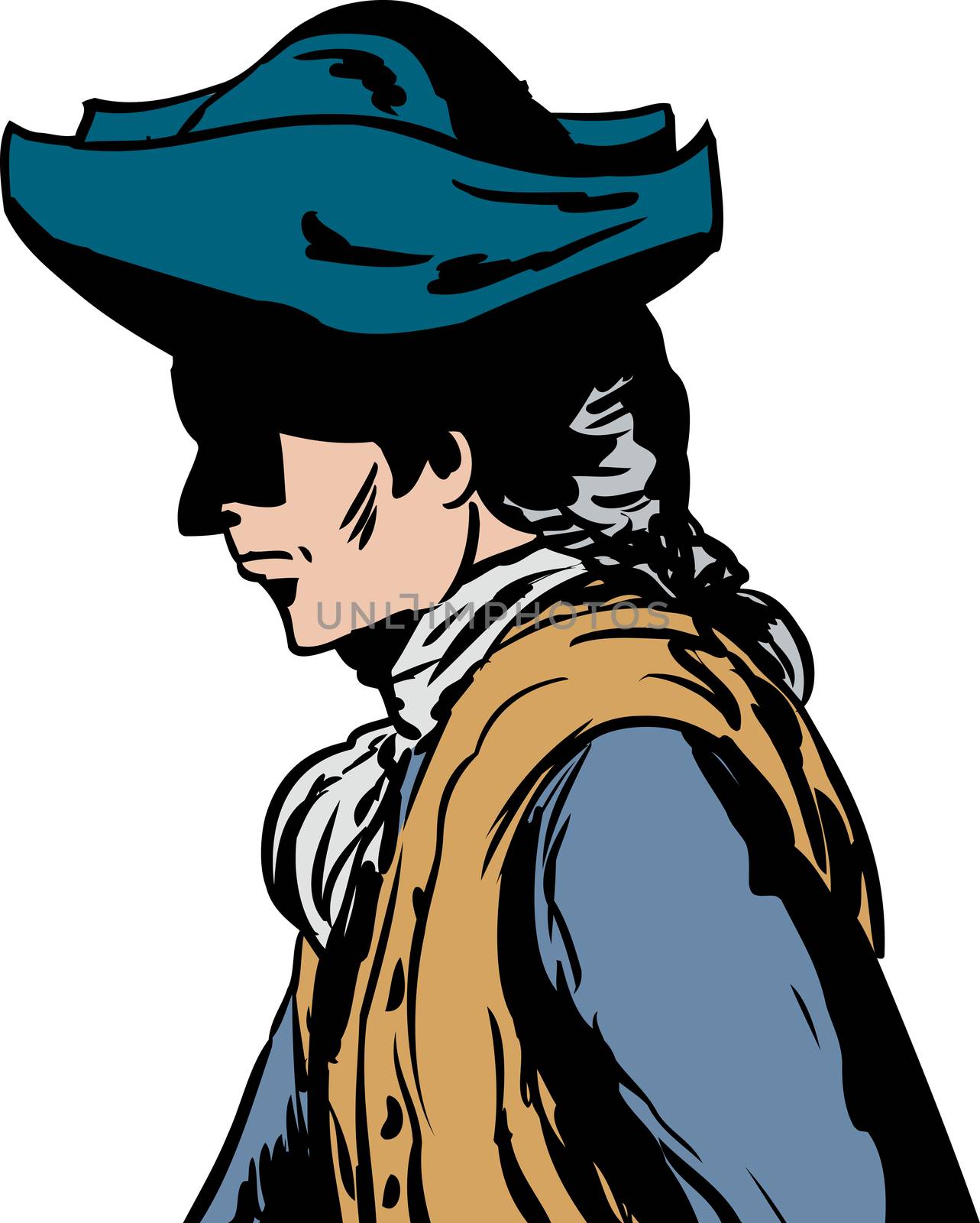 Side view of 18th century man in tricorn hat over white