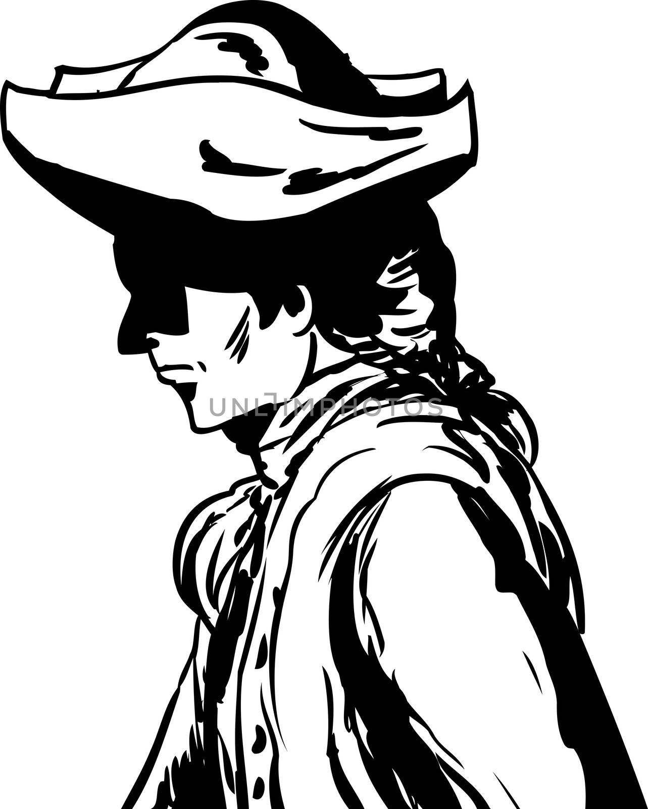 Outlined side view of 18th century man in tricorn hat over white